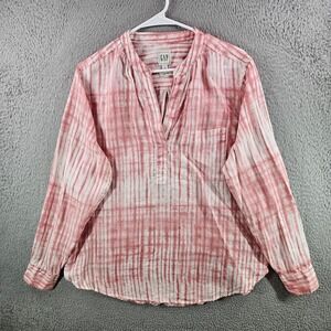 Gap Womens Pink White Tie Dye 100% Linen Long Sleeve Popover Tunic Top Large